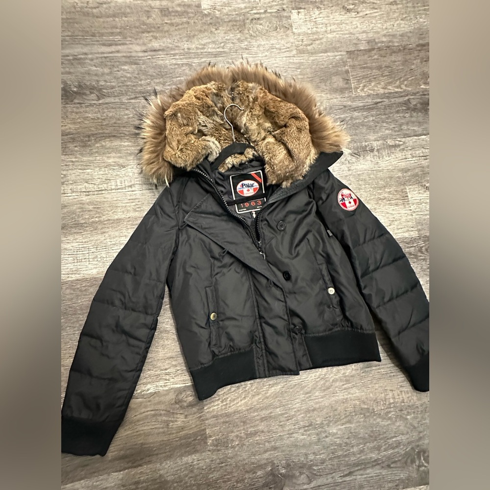 Super rare Pajar Black Jacket with rabbit fur lined removable hood and Fox Trim